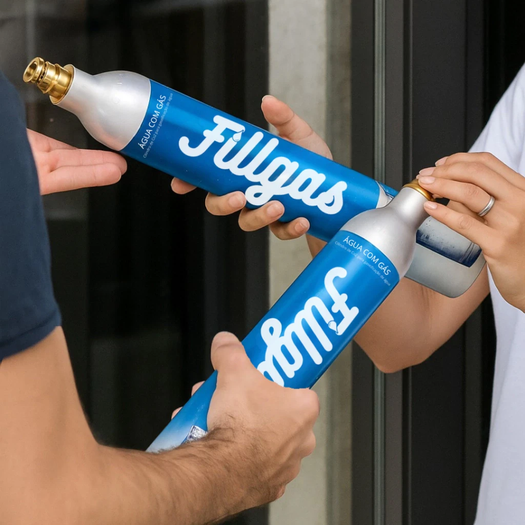 Cilindros SodaStream Fillgas para máquina de água com gás sendo trocados — recarga com coleta e entrega